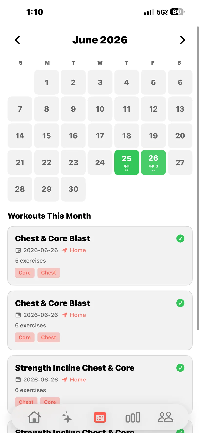 Workout calendar and streak in REPZ