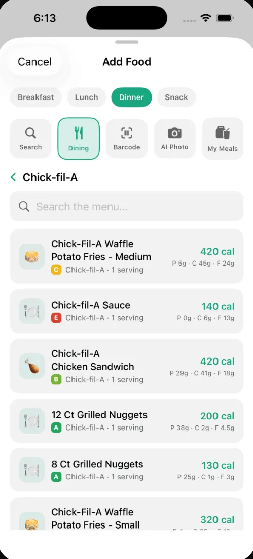 Restaurant menu logging in REPZ