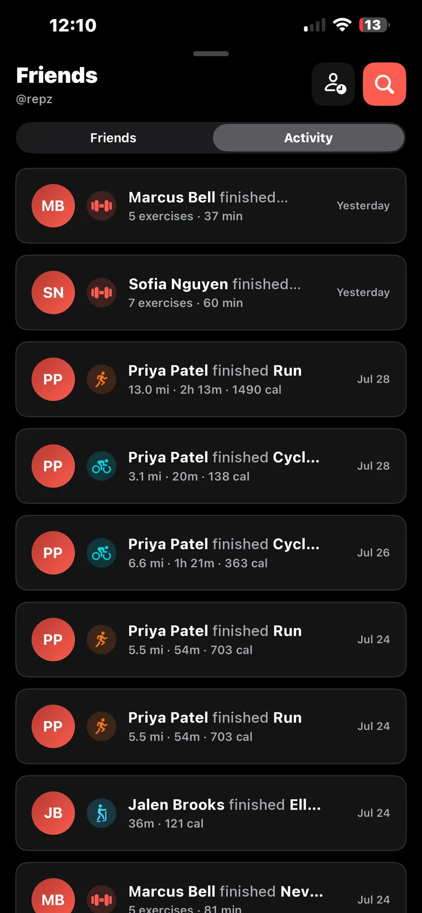 Friends activity feed in REPZ