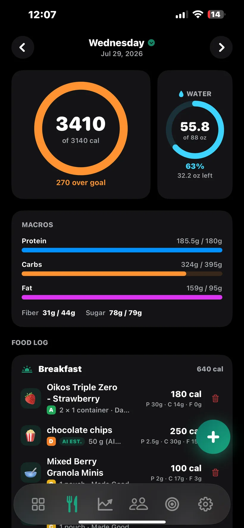 Daily calories and macros in the REPZ nutrition tracker